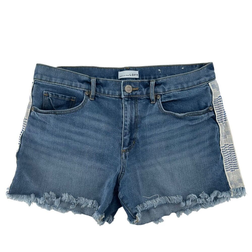 LOFT Jean Shorts Stretch Denim Size 8 29 In Waist Mid Rise Boho Striping Blue